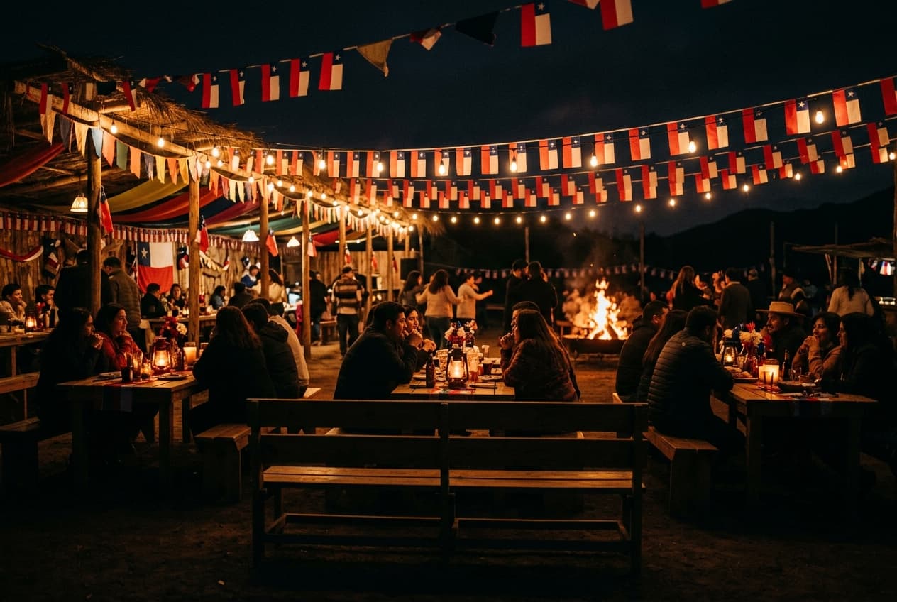 Fonda chilena de noche · Fiestas Patrias