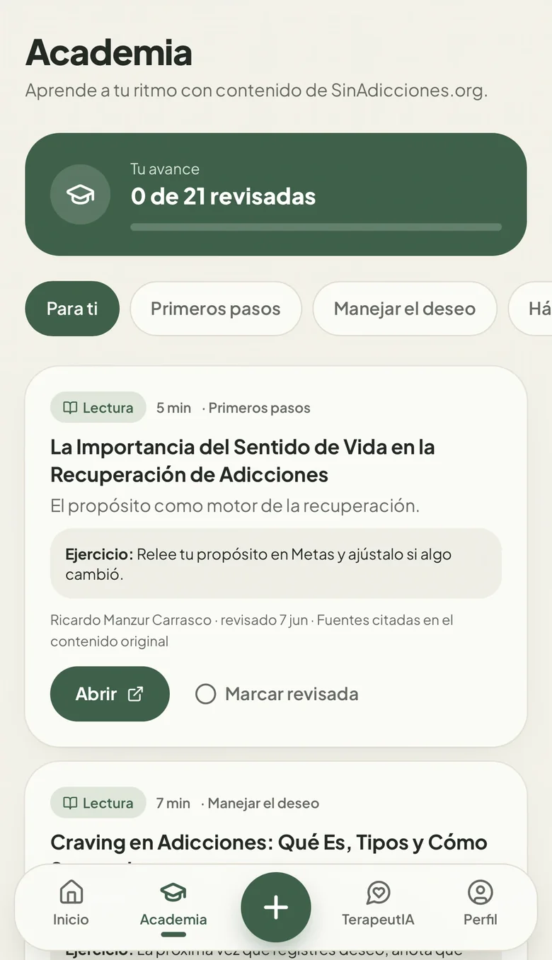 Educación: avance de lecturas revisadas, categorías y una lección de SinAdicciones.org con ejercicio práctico.