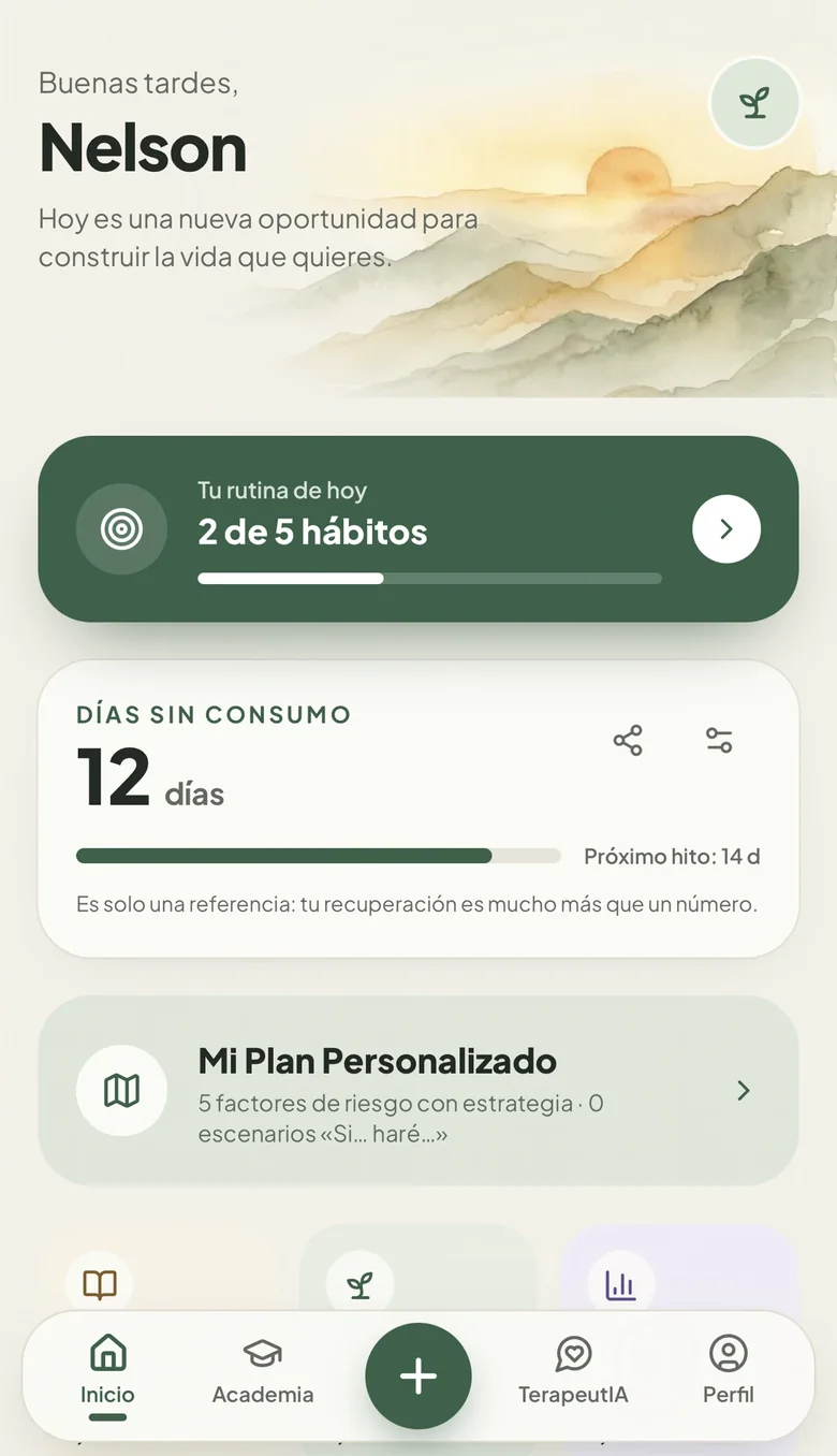 Pantalla de Inicio de Mi Recuperación: saludo «Buenas tardes, Nelson», rutina de hoy con 2 de 5 hábitos, contador de 12 días sin consumo y acceso a Mi Plan Personalizado.