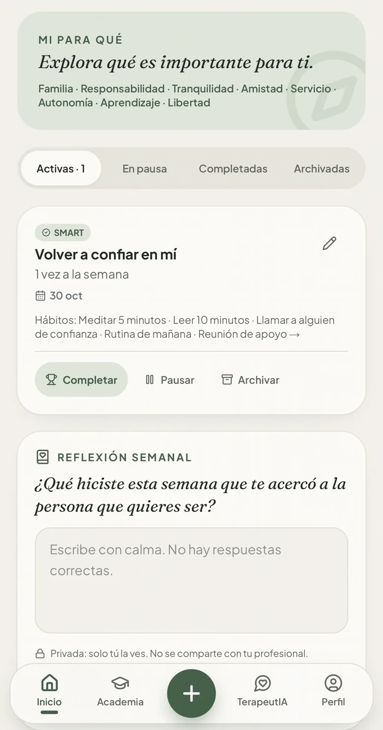 Módulo de Metas: valores personales, una meta SMART «Volver a confiar en mí» con sus hábitos vinculados y la reflexión semanal privada.