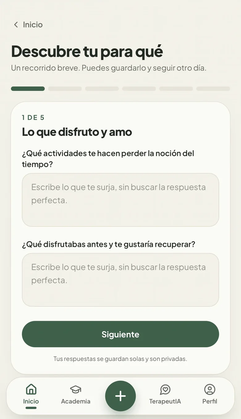 Descubre tu para qué: primer paso «Lo que disfruto y amo» con preguntas abiertas que se guardan automáticamente.