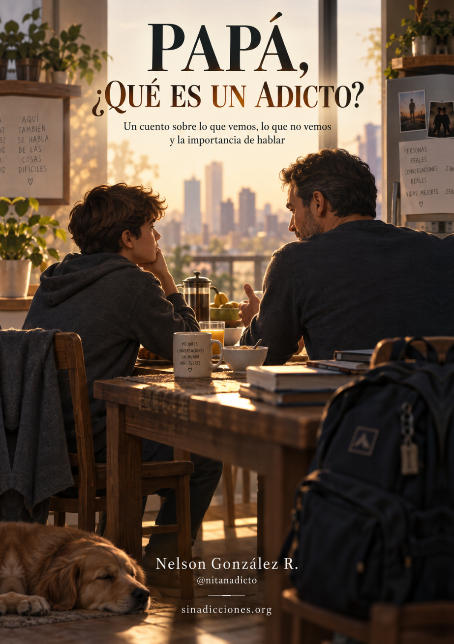 Portada de 'Papá, ¿qué es un adicto?' — cuento de Nelson González Rodríguez sobre adicción y recuperación.